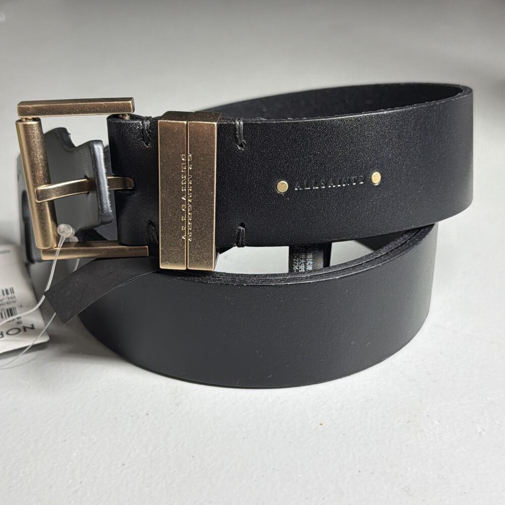 AllSaints Leather Belt Womens Small Black Warm Brass Modern Chic Logo